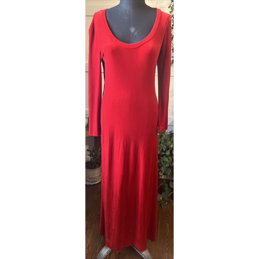 Nicole Miller Vintage Red Velvet Maxi Dress Long Sleeve Scoop Neck ILGWU USA